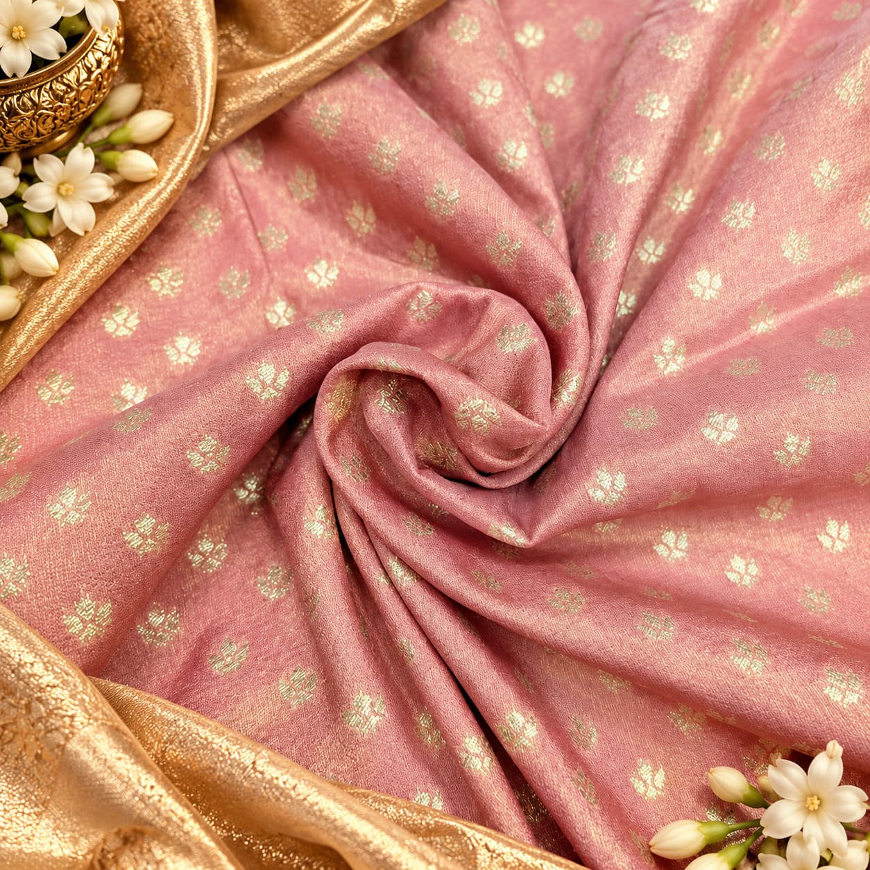 Rose pink jacquard silk fabric with swirled woven pattern and jasmine accents